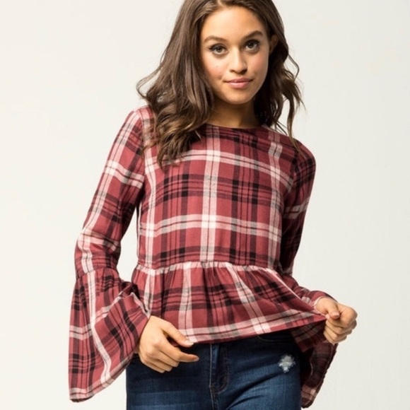 SKY AND SPARROW Plaid Flannel Peplum Crop Top - Picture 2 of 9